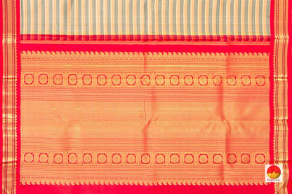 Off White And Red Kanchipuram Silk Saree With Thandavalam Stripes Handwoven Pure Silk Pure Zari For Festive Wear PV NYC 428 - Silk Sari - Panjavarnam PV NYC 428