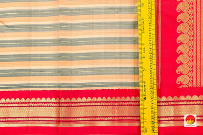 Off White And Red Kanchipuram Silk Saree With Thandavalam Stripes Handwoven Pure Silk Pure Zari For Festive Wear PV NYC 428 - Silk Sari - Panjavarnam PV NYC 428