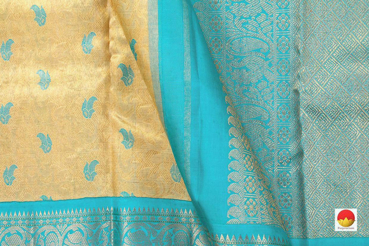 Off White And Turquoise Kanchipuram Tissue Silk Saree Handwoven Pure Silk Pure Zari For Party Wear PV NYC 470 - Saris & Lehengas - Panjavarnam