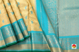 Off White And Turquoise Kanchipuram Tissue Silk Saree Handwoven Pure Silk Pure Zari For Party Wear PV NYC 470 - Saris & Lehengas - Panjavarnam PV NYC 470