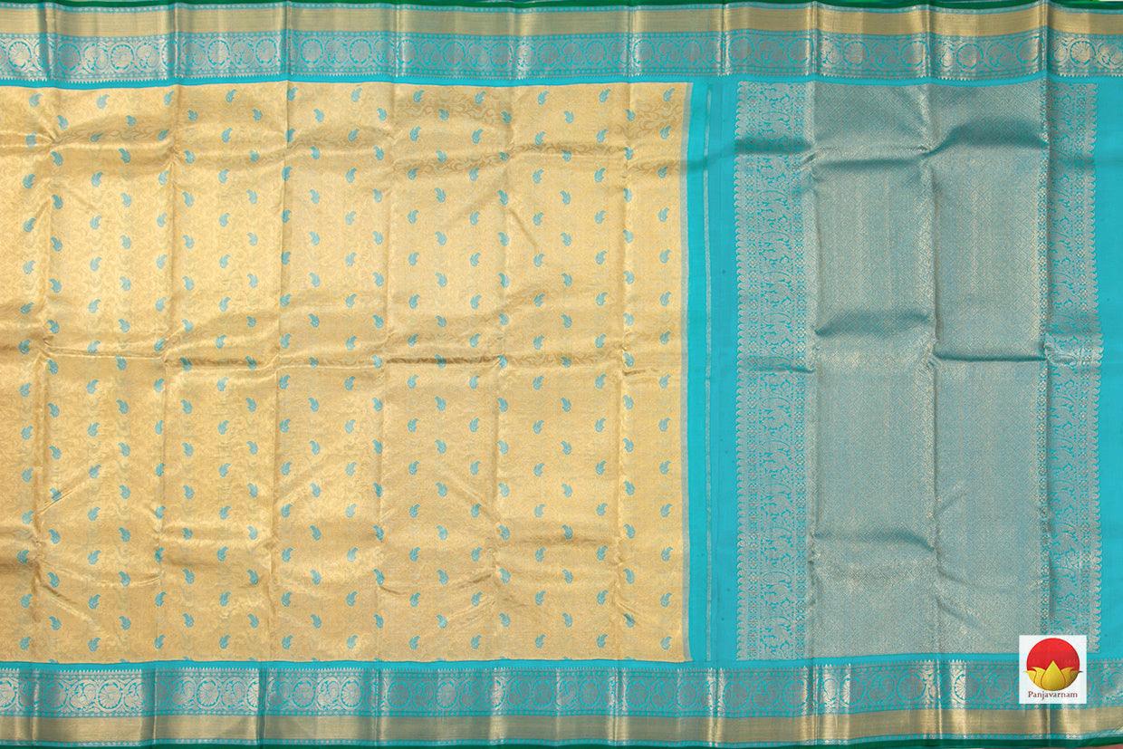 Off White And Turquoise Kanchipuram Tissue Silk Saree Handwoven Pure Silk Pure Zari For Party Wear PV NYC 470 - Saris & Lehengas - Panjavarnam PV NYC 470