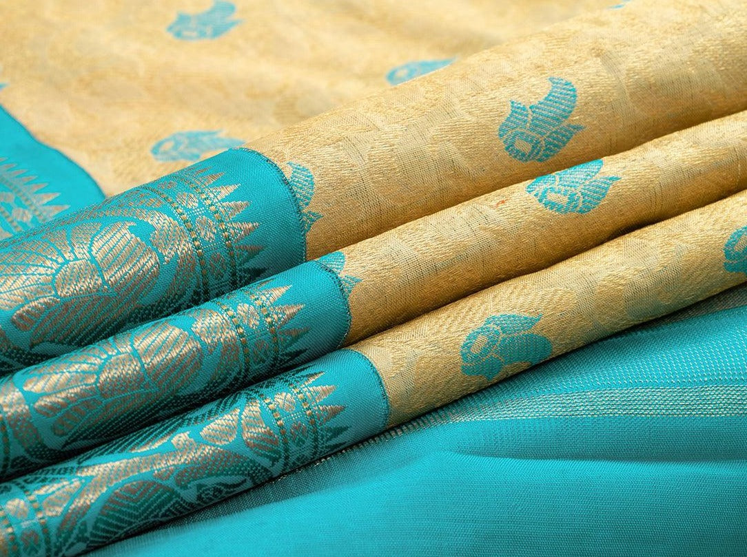 Off White And Turquoise Kanchipuram Tissue Silk Saree Handwoven Pure Silk Pure Zari For Party Wear PV NYC 470 - Saris & Lehengas - Panjavarnam PV NYC 470