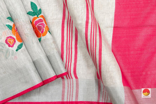 Off White Handwoven Embroidered Linen Saree With Silver Zari Border PL 1058 - Linen Sari - Panjavarnam