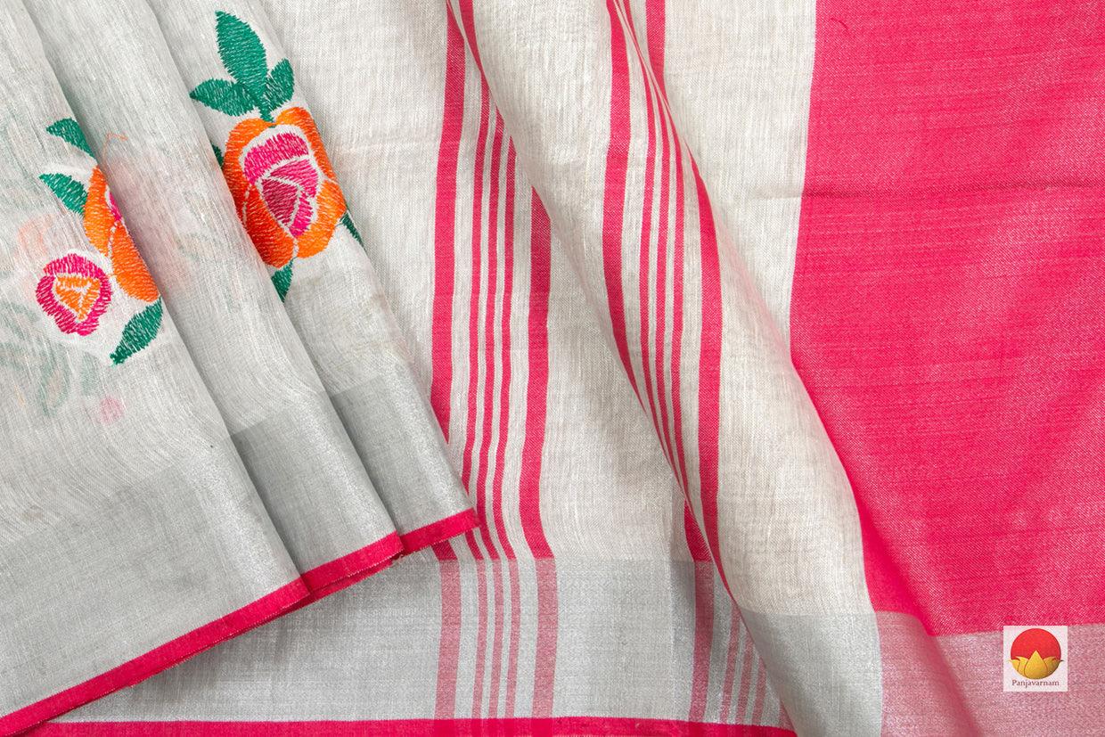 Off White Handwoven Embroidered Linen Saree With Silver Zari Border PL 1058 - Linen Sari - Panjavarnam PL 1058