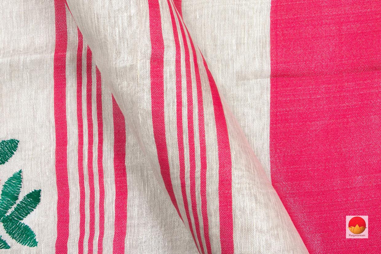 Off White Handwoven Embroidered Linen Saree With Silver Zari Border PL 1058 - Linen Sari - Panjavarnam PL 1058