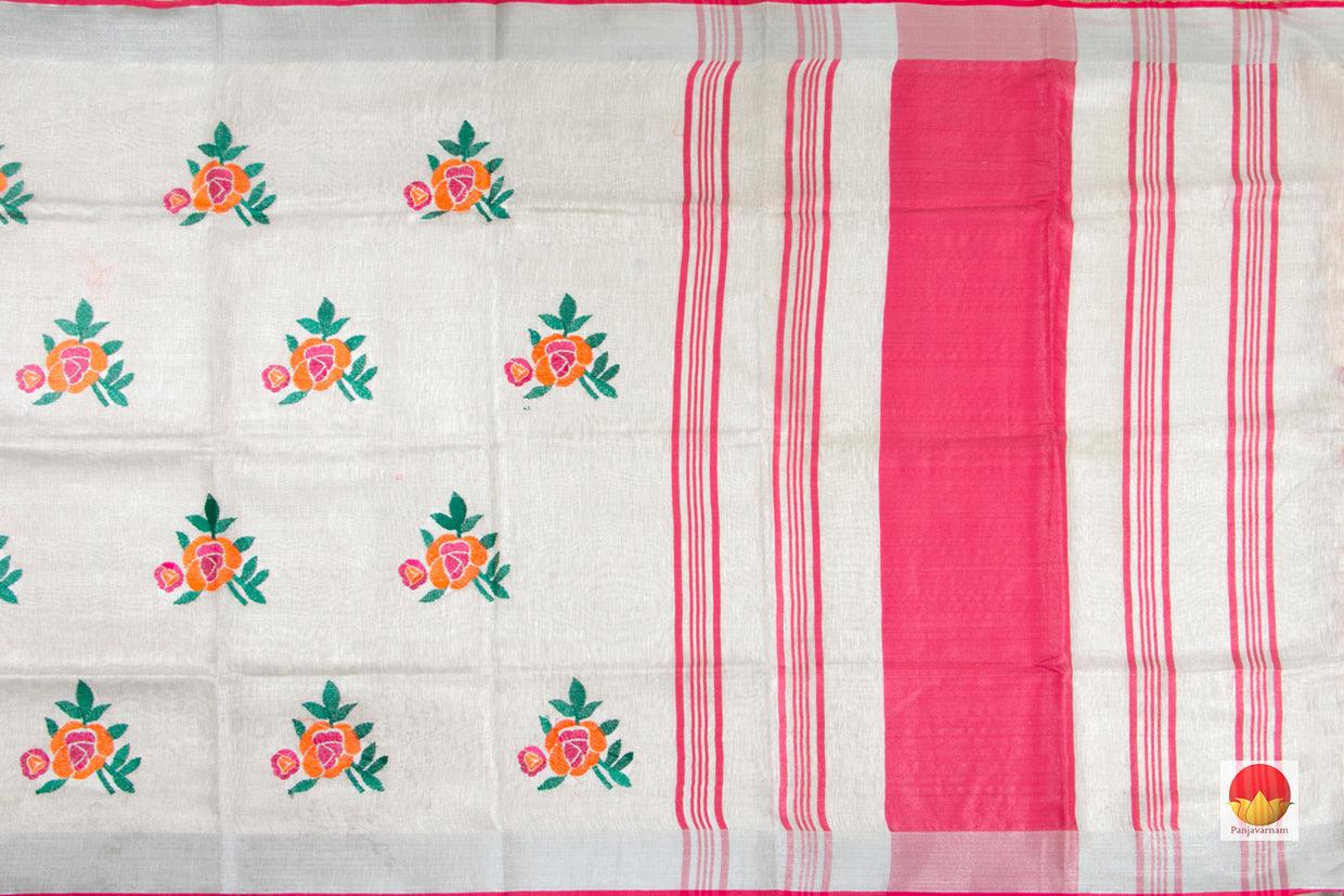 Off White Handwoven Embroidered Linen Saree With Silver Zari Border PL 1058 - Linen Sari - Panjavarnam PL 1058