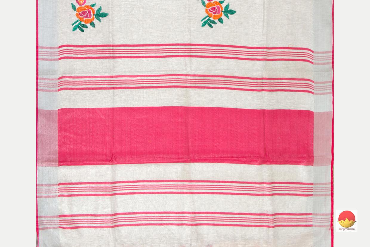 Off White Handwoven Embroidered Linen Saree With Silver Zari Border PL 1058 - Linen Sari - Panjavarnam PL 1058