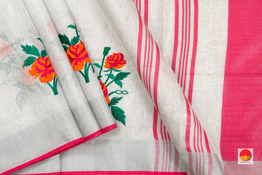Off White Handwoven Floral Embroidered Linen Saree With Silver Zari Border PL 1056 - Linen Sari - Panjavarnam
