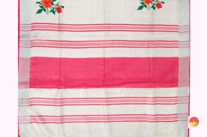 Off White Handwoven Floral Embroidered Linen Saree With Silver Zari Border PL 1056 - Linen Sari - Panjavarnam