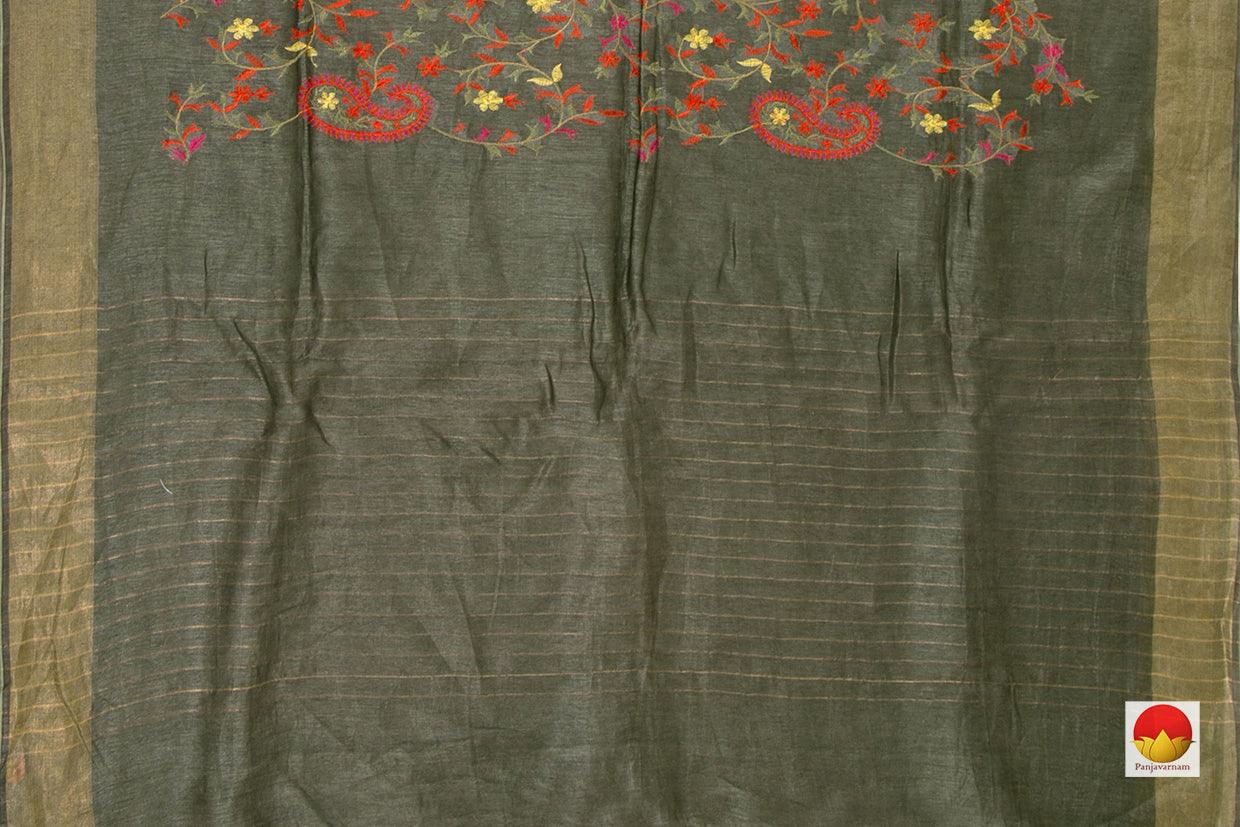 Olive Green Pure Linen Saree With Embroidery And Gold Zari Border PL 939 - Linen Sari - Panjavarnam