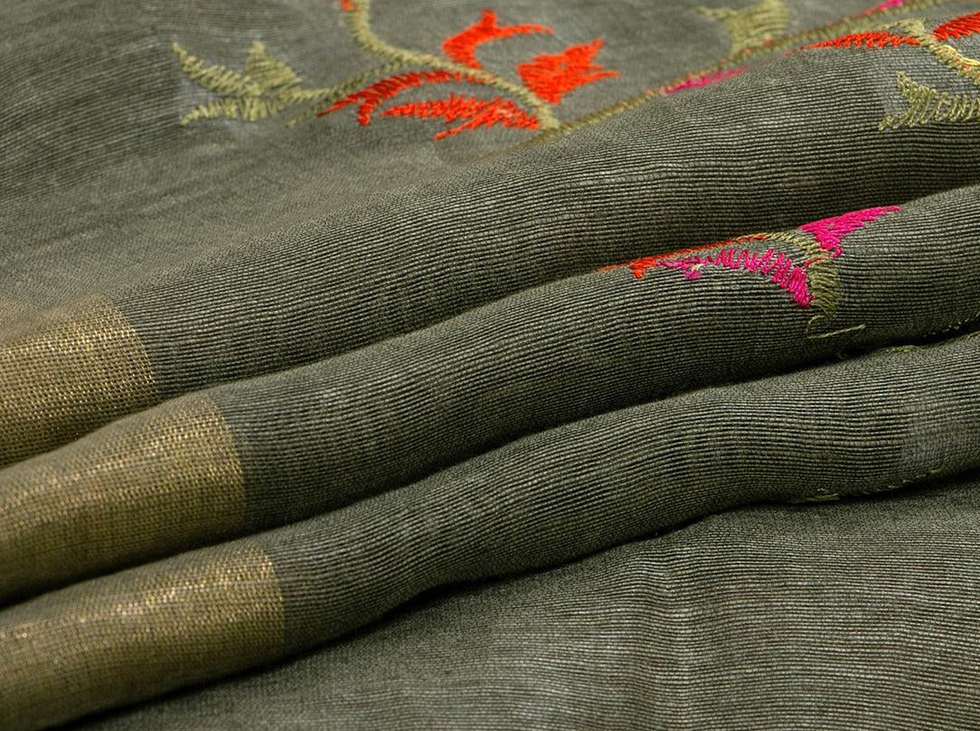 Olive Green Pure Linen Saree With Embroidery And Gold Zari Border PL 939 - Linen Sari - Panjavarnam