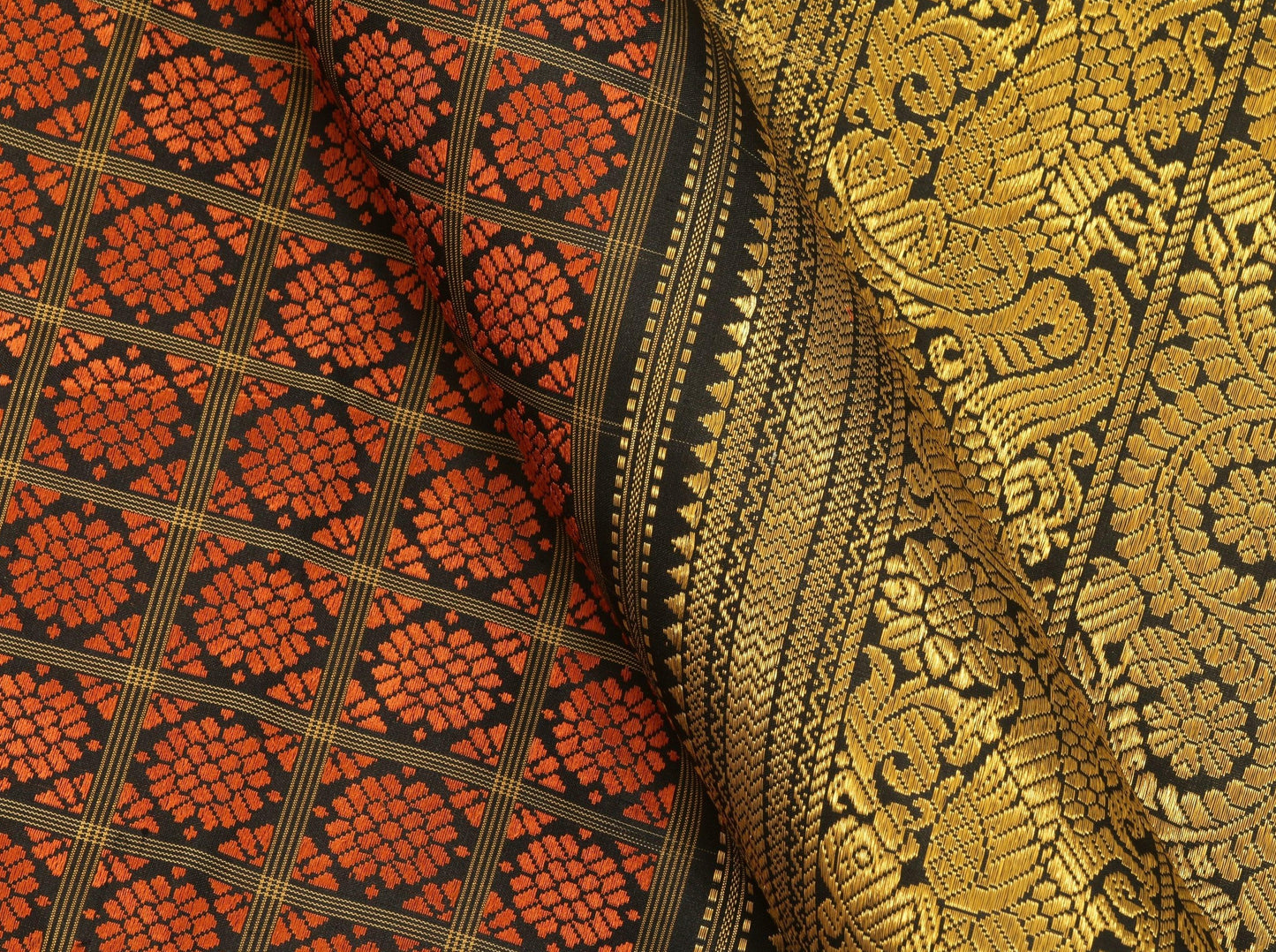 Orange And Black Handwoven Kanjivaram Pure Silk Saree Pure Zari For Baby Shower PV VL 39 - Silk Sari - Panjavarnam