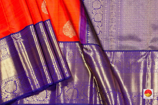 Orange And Blue Kanchipuram Silk Saree Handwoven Pure Silk Pure Zari For Wedding Wear PV NYC 295 - Silk Sari - Panjavarnam