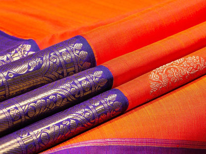 Orange And Blue Kanchipuram Silk Saree Handwoven Pure Silk Pure Zari For Wedding Wear PV NYC 295 - Silk Sari - Panjavarnam PV NYC 295