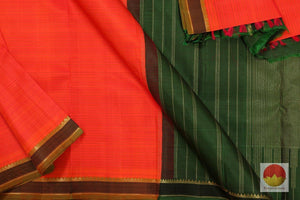 Orange And Green Light Weight Kanchipuram Silk Saree Handwoven Pure Silk Pure Zari For Festive Wear PV G 4253 - Silk Sari - Panjavarnam PV G 4253