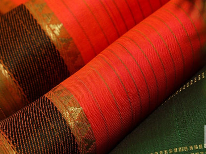 Orange And Green Light Weight Kanchipuram Silk Saree Handwoven Pure Silk Pure Zari For Festive Wear PV G 4253 - Silk Sari - Panjavarnam PV G 4253