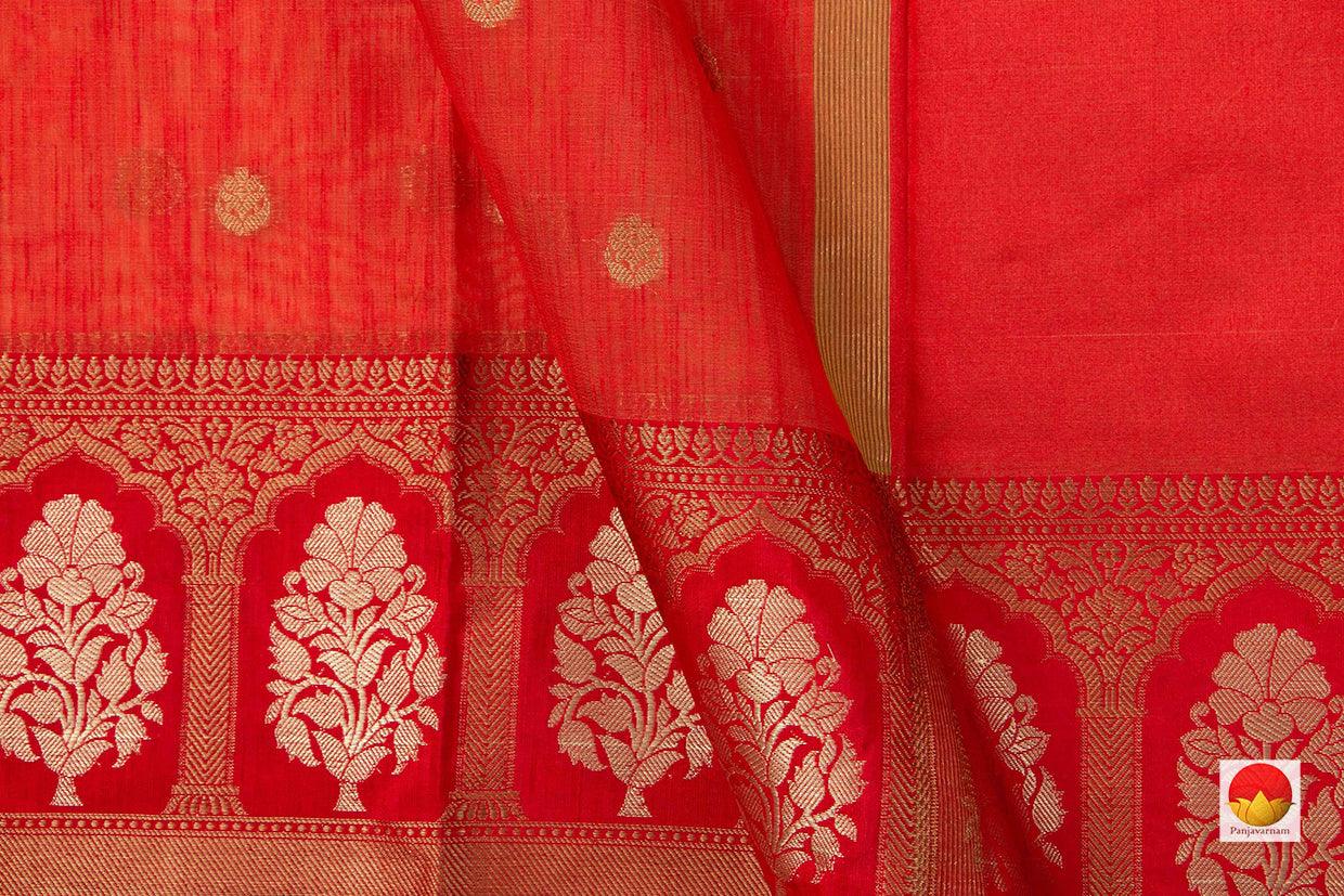 Orange Banarasi Silk Cotton Saree With Antique Zari Handwoven For Festive Wear PSC 1216 - Silk Cotton - Panjavarnam