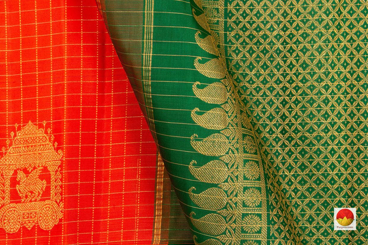 Orange Borderless Kanchipuram Silk Saree Handwoven Pure Silk Pure Zari For Festive Wear PV SAR 13 - Silk Sari - Panjavarnam