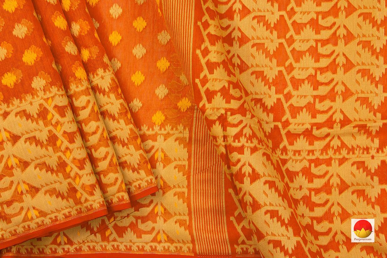 Orange Dhakai Jamdani Mulmul Silk Saree Handwoven For Party Wear PV MJ 16 - Dhaka Jamdani - Panjavarnam