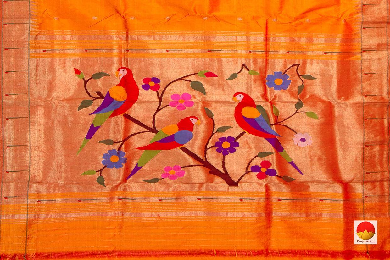 Orange Handwoven Paithani Silk Saree Single Muniya Border Pure Silk For Festive Wear PV MG 2023 - Paithani Saree - Panjavarnam