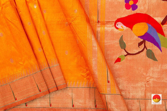 Orange Handwoven Paithani Silk Saree Single Muniya Border Pure Silk For Festive Wear PV MG 2023 - Paithani Saree - Panjavarnam PB 2023