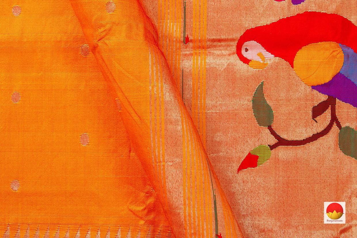 Orange Handwoven Paithani Silk Saree Single Muniya Border Pure Silk For Festive Wear PV MG 2023 - Paithani Saree - Panjavarnam PB 2023