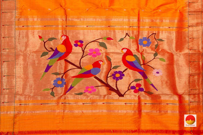 Orange Handwoven Paithani Silk Saree Single Muniya Border Pure Silk For Festive Wear PV MG 2023 - Paithani Saree - Panjavarnam PB 2023