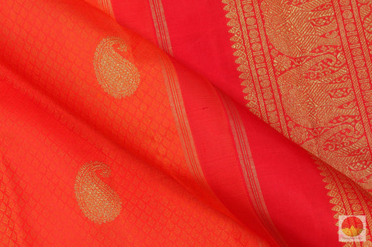 Orange Jacquard Kanchipuram Silk Saree Handwoven Pure Silk Pure Zari For Wedding Wear PV G 1990 - Silk Sari - Panjavarnam
