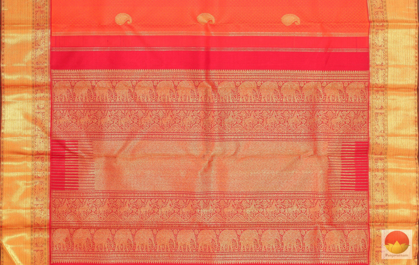 Orange Jacquard Kanchipuram Silk Saree Handwoven Pure Silk Pure Zari For Wedding Wear PV G 1990 - Silk Sari - Panjavarnam