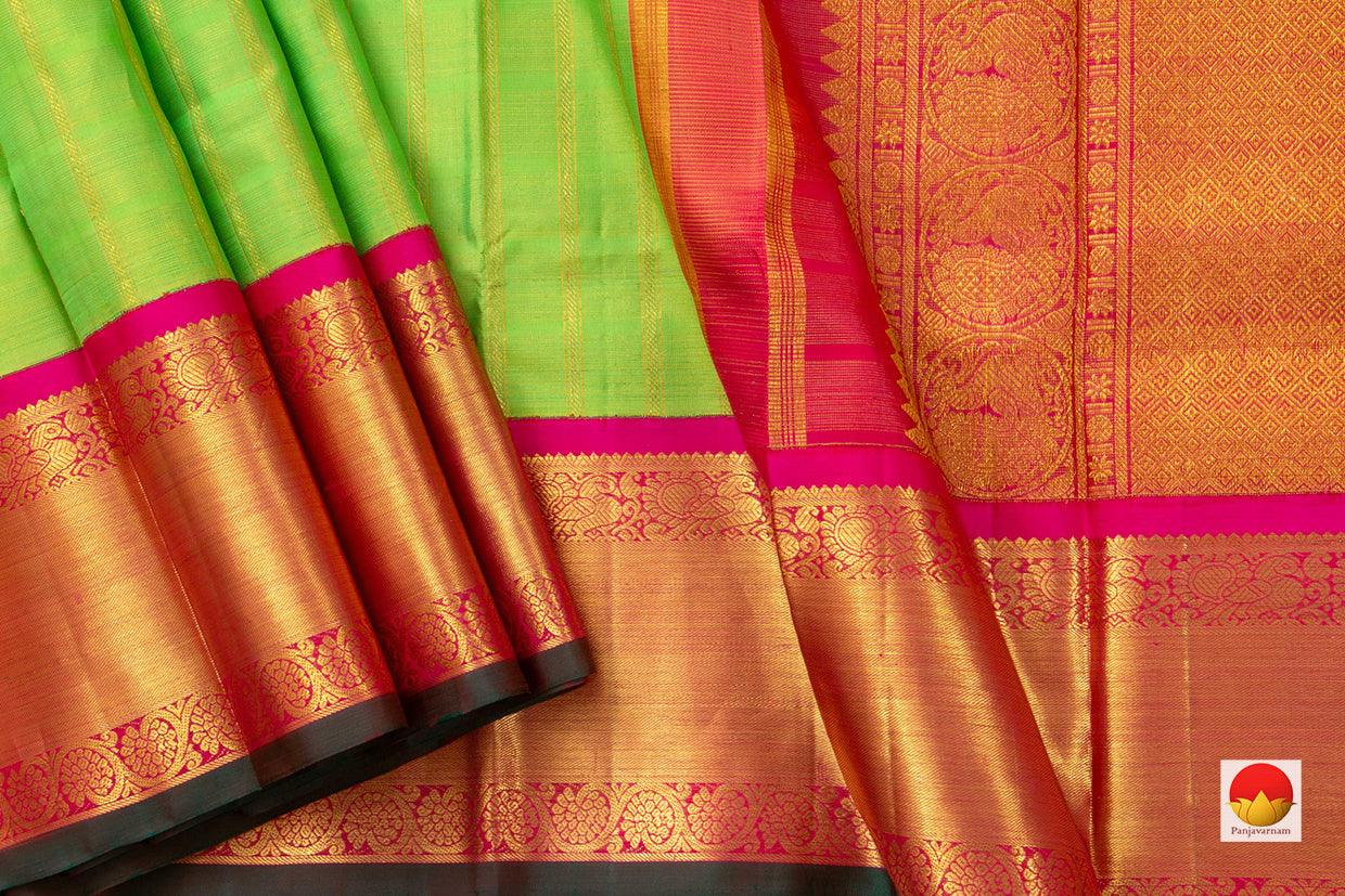 Parrot Green Kanchipuram Silk Saree With Pink Korvai Border Handwoven Pure Silk Pure Zari PV NYC 523 - Silk Sari - Panjavarnam