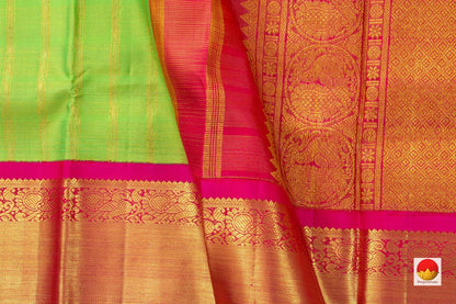 Parrot Green Kanchipuram Silk Saree With Pink Korvai Border Handwoven Pure Silk Pure Zari PV NYC 523 - Silk Sari - Panjavarnam PV NYC 523