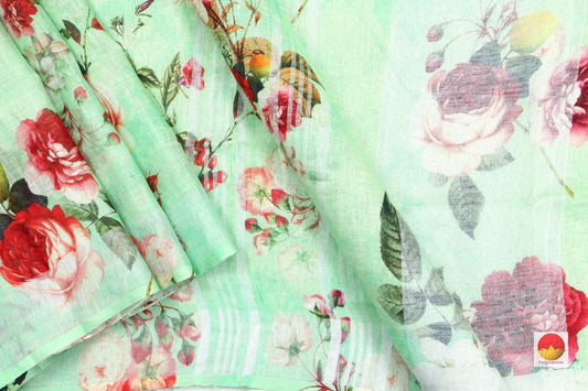 Pastel Green Digital Print Handwoven Linen Saree PL 1015 - Linen Sari - Panjavarnam