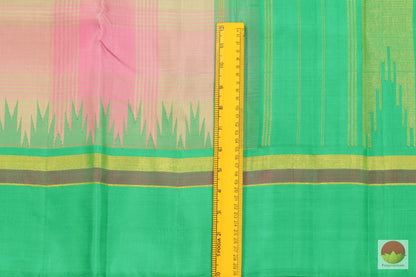 Pastel Pink & Jade Green - Temple Border - Handwoven Pure Silk Kanjivaram Saree - Pure Zari - PV G 1943 - Archives - Silk Sari - Panjavarnam