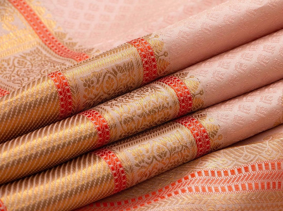 Pastel Pink Jacquard Kanchipuram Silk Saree Handwoven Pure Silk Pure Zari For Wedding Wear PV NYC 546 - Silk Sari - Panjavarnam