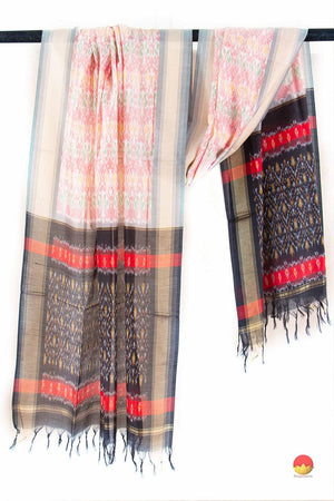 Peach And Black Pochampally Ikkat Silk Dupatta PVD 1052 - Dupattas - Panjavarnam PVD 1052