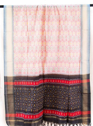 Peach And Black Pochampally Ikkat Silk Dupatta PVD 1052 - Dupattas - Panjavarnam PVD 1052