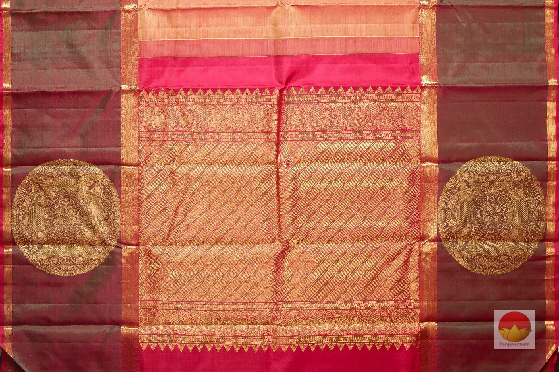 Peach and Burgundy - Pure Silk Kanjivaram Saree - Pure Zari - PV J5376 - Silk Sari - Panjavarnam