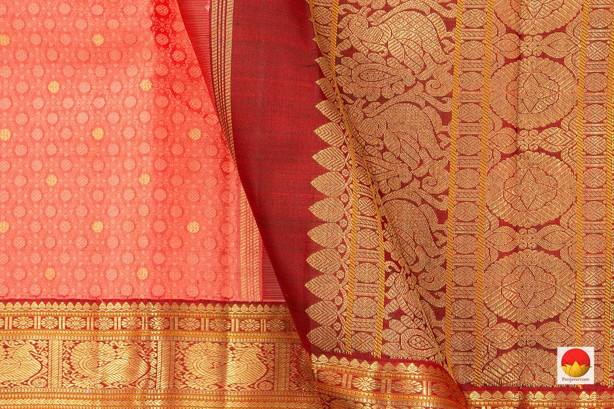 Peach And Maroon Kanchipuram Silk Saree Handwoven Pure Silk Pure Zari For Wedding Wear PV NYC 379 - Silk Sari - Panjavarnam