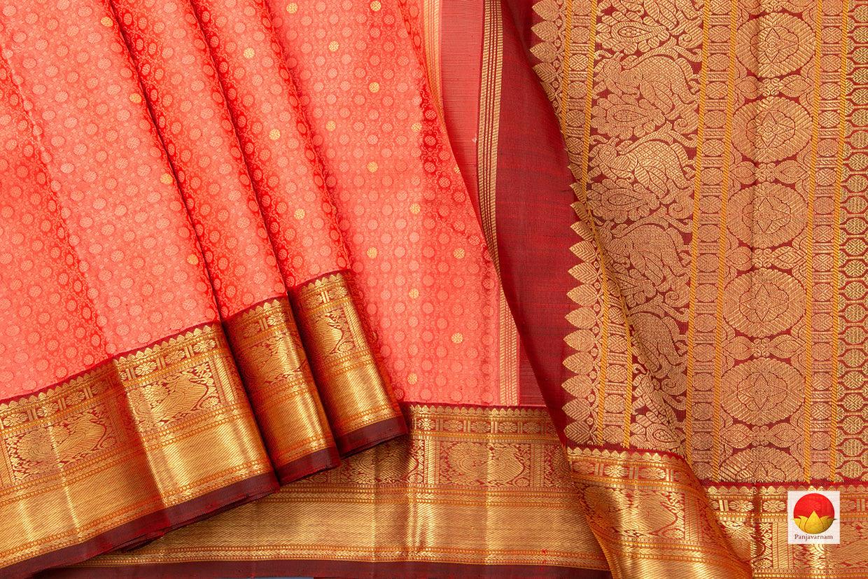 Peach And Maroon Kanchipuram Silk Saree Handwoven Pure Silk Pure Zari For Wedding Wear PV NYC 379 - Silk Sari - Panjavarnam PV NYC 379