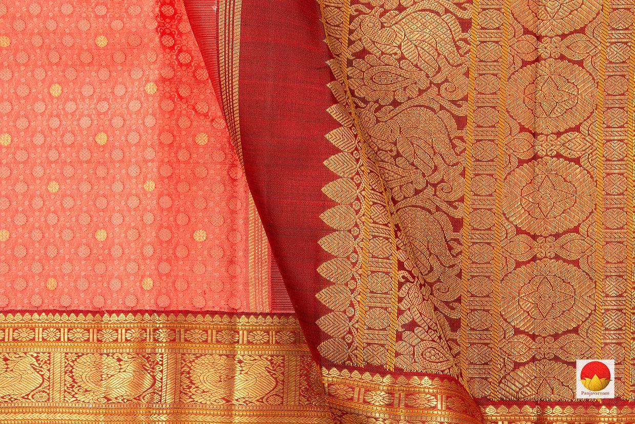 Peach And Maroon Kanchipuram Silk Saree Handwoven Pure Silk Pure Zari For Wedding Wear PV NYC 379 - Silk Sari - Panjavarnam PV NYC 379