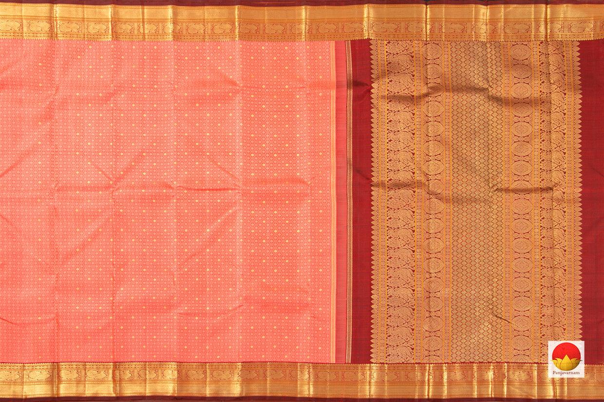 Peach And Maroon Kanchipuram Silk Saree Handwoven Pure Silk Pure Zari For Wedding Wear PV NYC 379 - Silk Sari - Panjavarnam PV NYC 379