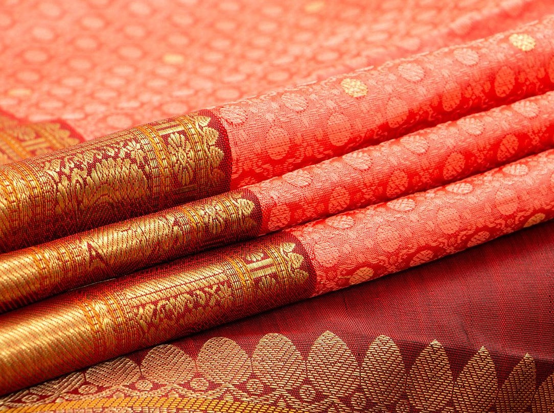 Peach And Maroon Kanchipuram Silk Saree Handwoven Pure Silk Pure Zari For Wedding Wear PV NYC 379 - Silk Sari - Panjavarnam PV NYC 379