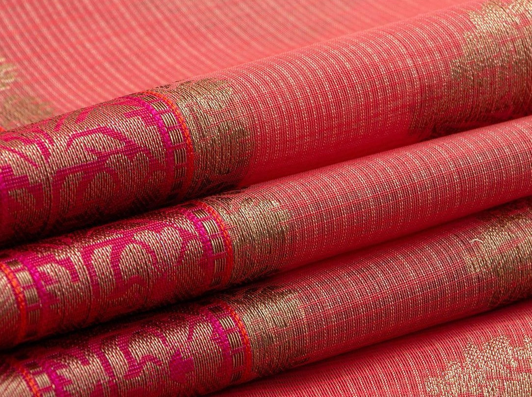 Peach Banarasi Silk Cotton Saree With Antique Zari Handwoven PSC 1214 - Silk Cotton - Panjavarnam