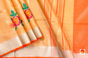 Peach Handwoven Embroidered Linen Saree - PL 1057 - Linen Sari - Panjavarnam PL 1057