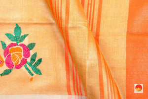 Peach Handwoven Embroidered Linen Saree - PL 1057 - Linen Sari - Panjavarnam PL 1057