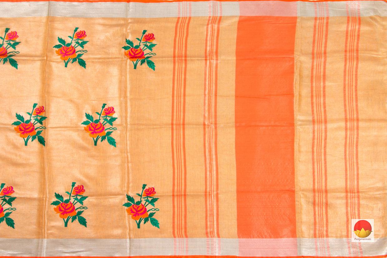 Peach Handwoven Embroidered Linen Saree With Silver Zari Border PL 1059 - Linen Sari - Panjavarnam