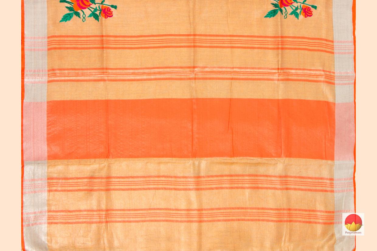 Peach Handwoven Embroidered Linen Saree With Silver Zari Border PL 1059 - Linen Sari - Panjavarnam