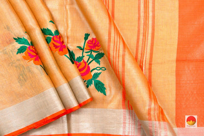 Peach Handwoven Embroidered Linen Saree With Silver Zari Border PL 1059 - Linen Sari - Panjavarnam PL 1059