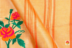 Peach Handwoven Embroidered Linen Saree With Silver Zari Border PL 1059 - Linen Sari - Panjavarnam PL 1059