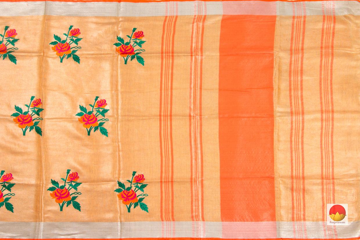 Peach Handwoven Embroidered Linen Saree With Silver Zari Border PL 1059 - Linen Sari - Panjavarnam PL 1059